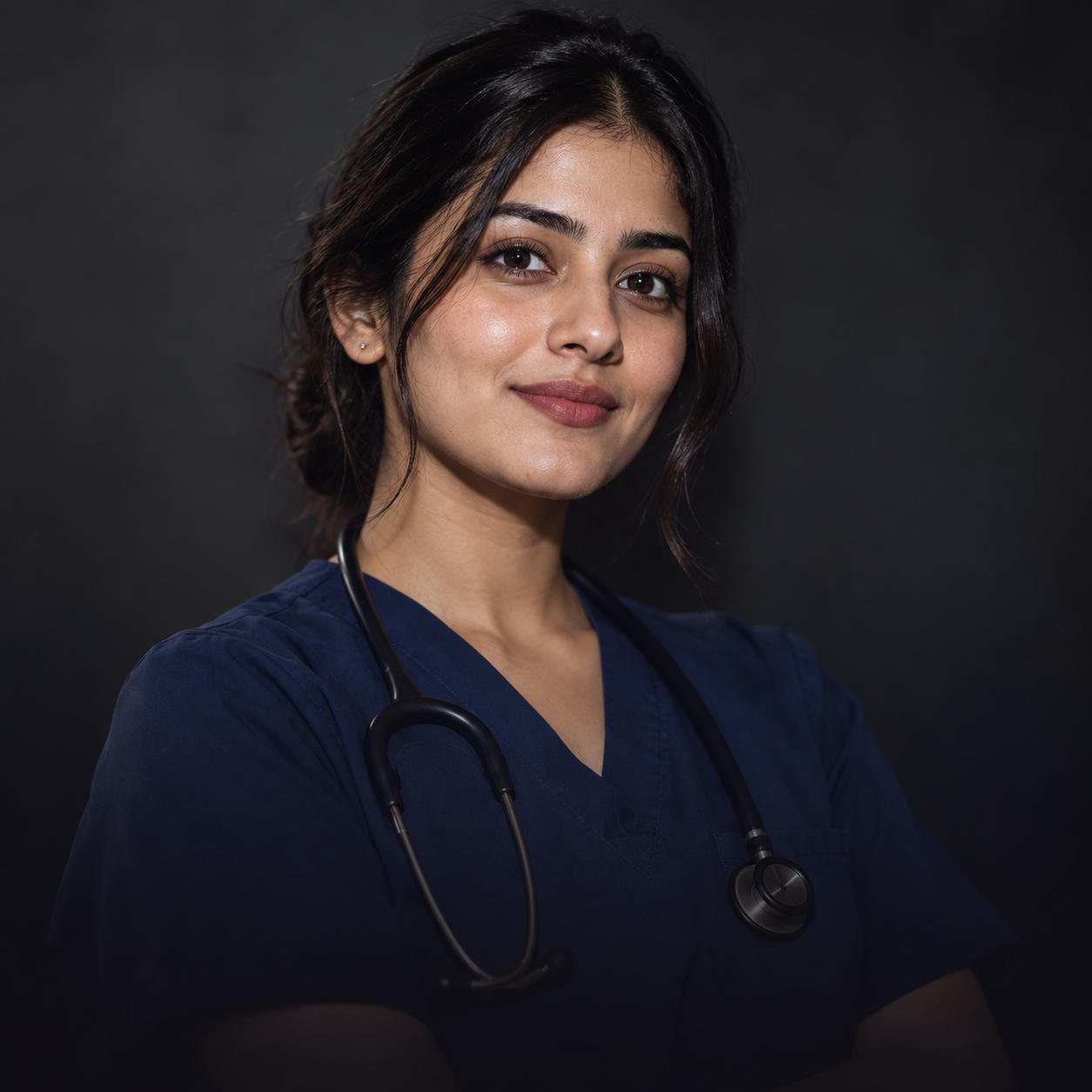 Doctor in navy scrubs with a stethoscope around her neck