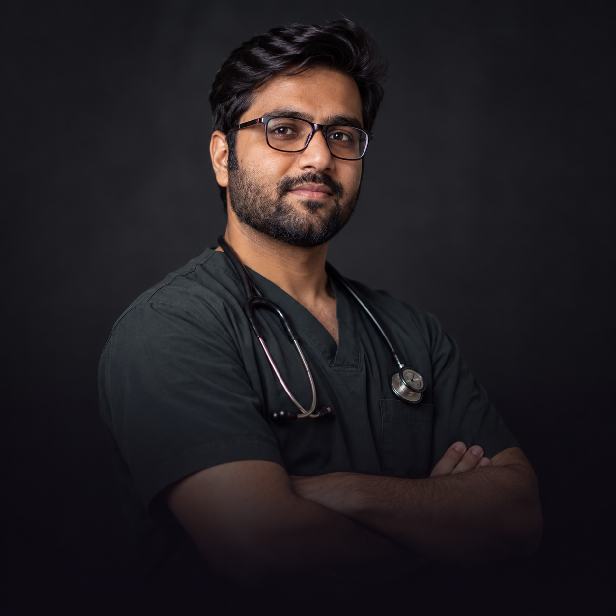 Doctor with glasses and a stethoscope, arms folded