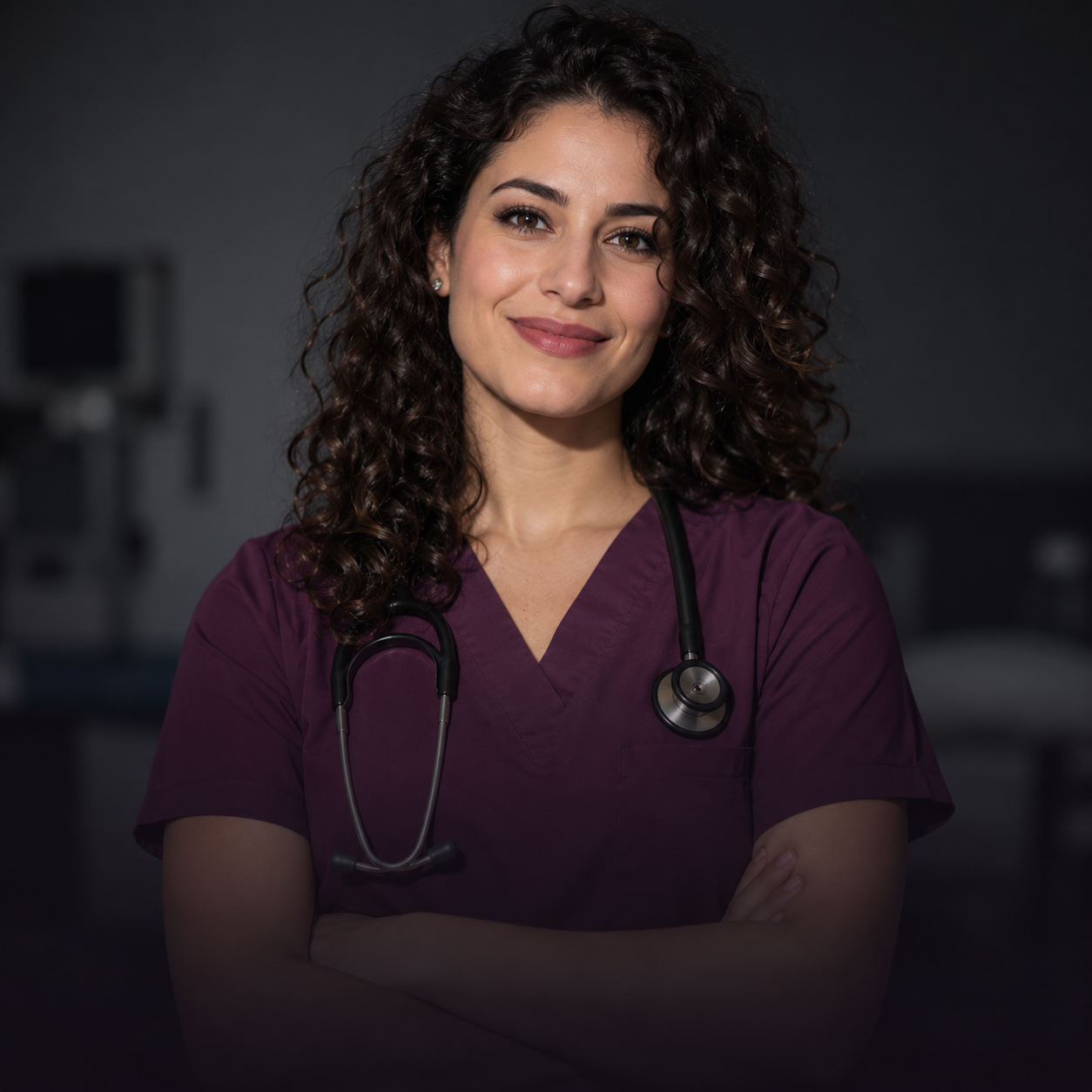 Doctor in plum scrubs with a stethoscope, arms folded