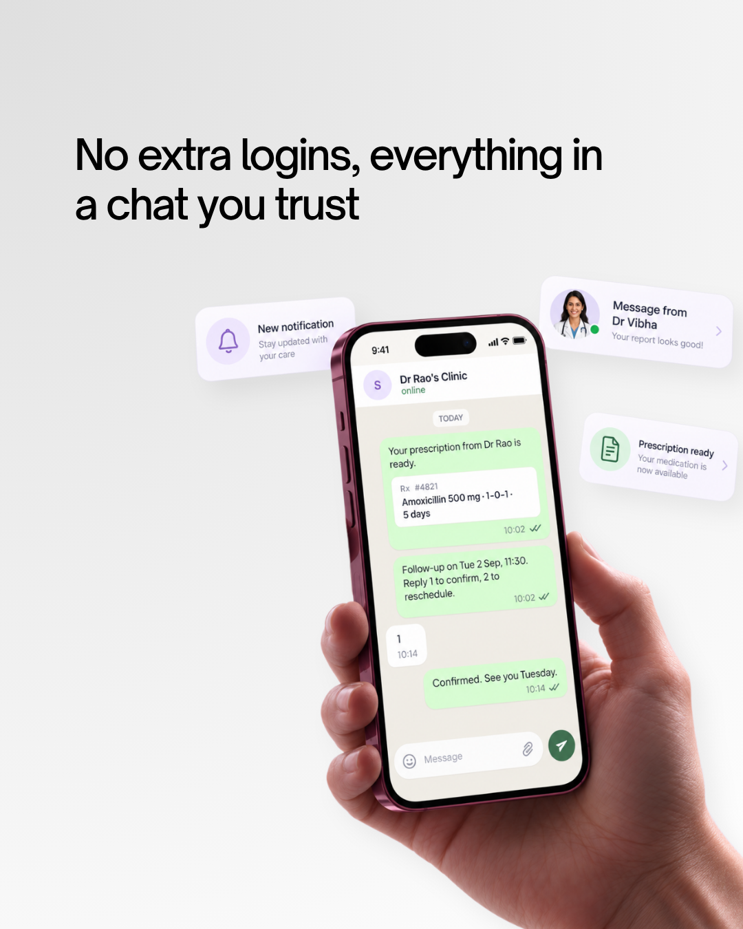 The clinic's WhatsApp chat on a phone: the prescription arrives and the patient confirms the follow-up by replying 1