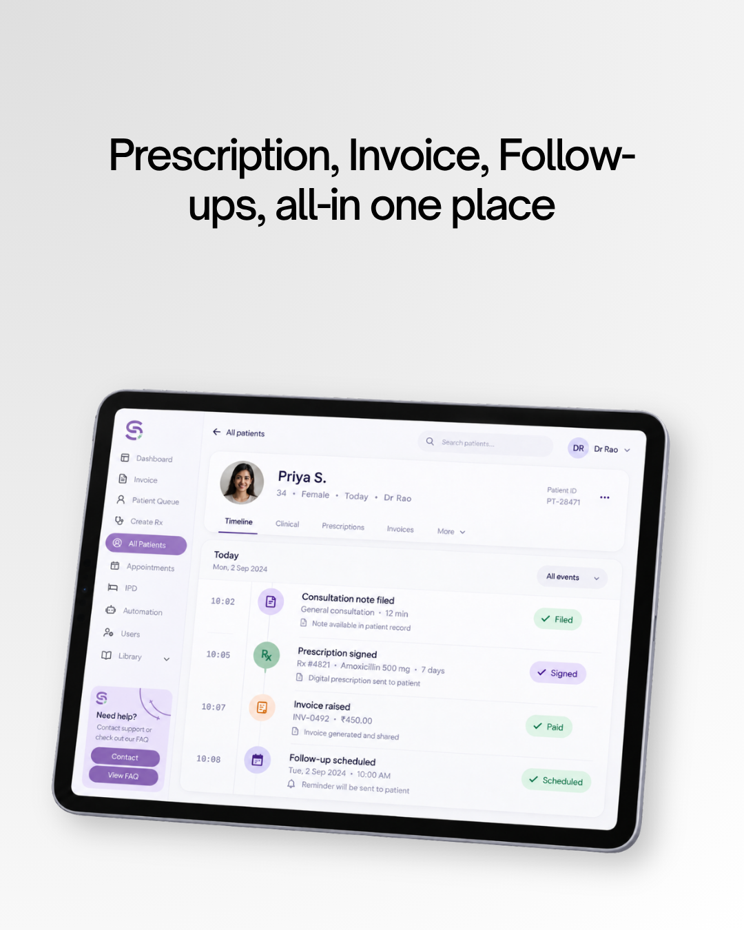 Saaro patient timeline on a tablet: consultation note filed, prescription signed, invoice paid and follow-up scheduled for Priya S.